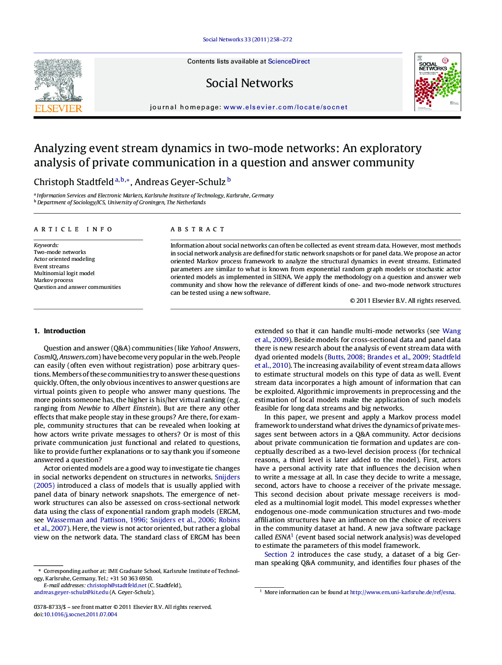 Analyzing event stream dynamics in two-mode networks: An exploratory analysis of private communication in a question and answer community