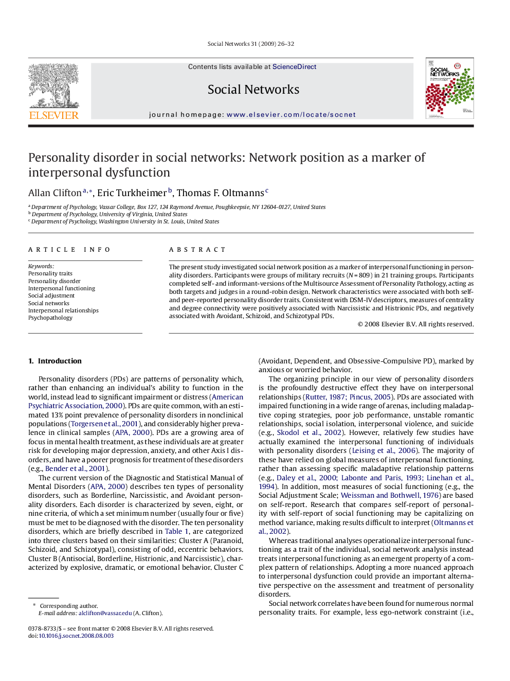 Personality disorder in social networks: Network position as a marker of interpersonal dysfunction