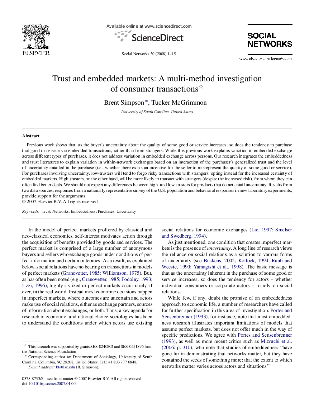 Trust and embedded markets: A multi-method investigation of consumer transactions 