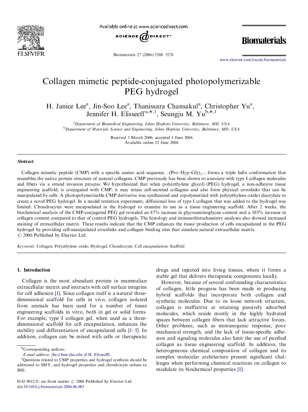 Collagen mimetic peptide-conjugated photopolymerizable PEG hydrogel