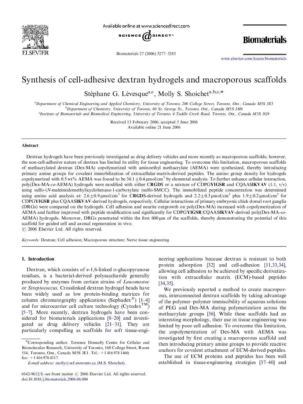 Synthesis of cell-adhesive dextran hydrogels and macroporous scaffolds