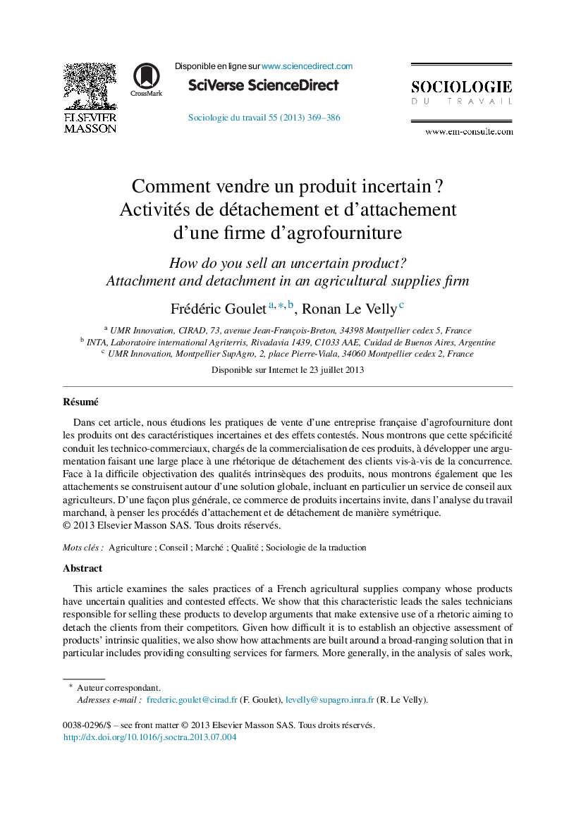 Comment vendre un produit incertain ? Activités de détachement et d’attachement d’une firme d’agrofourniture