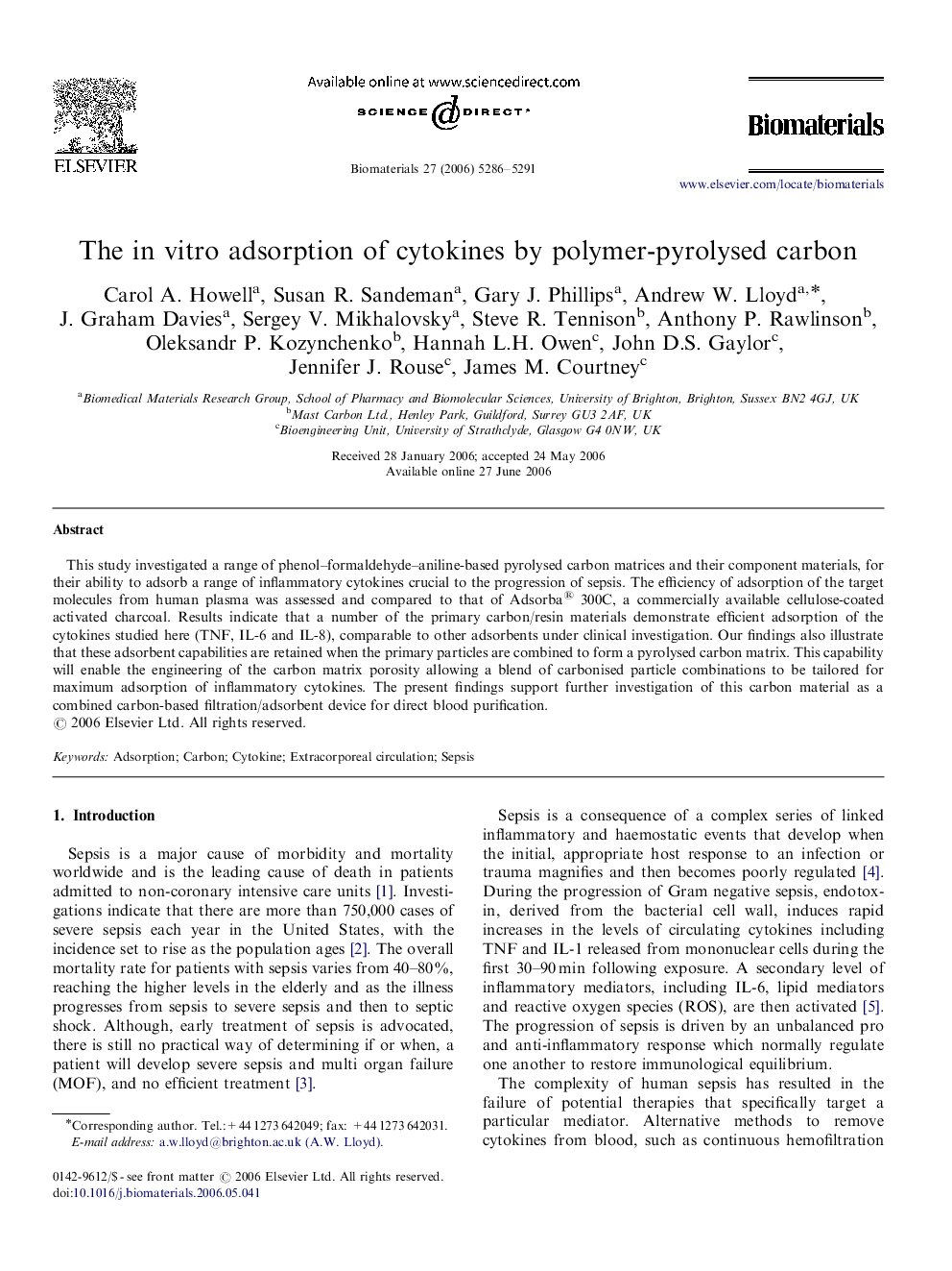 The in vitro adsorption of cytokines by polymer-pyrolysed carbon