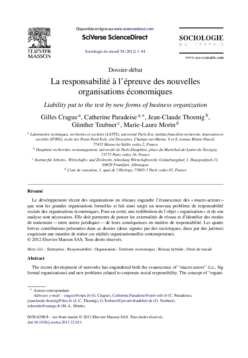 La responsabilité à l’épreuve des nouvelles organisations économiques