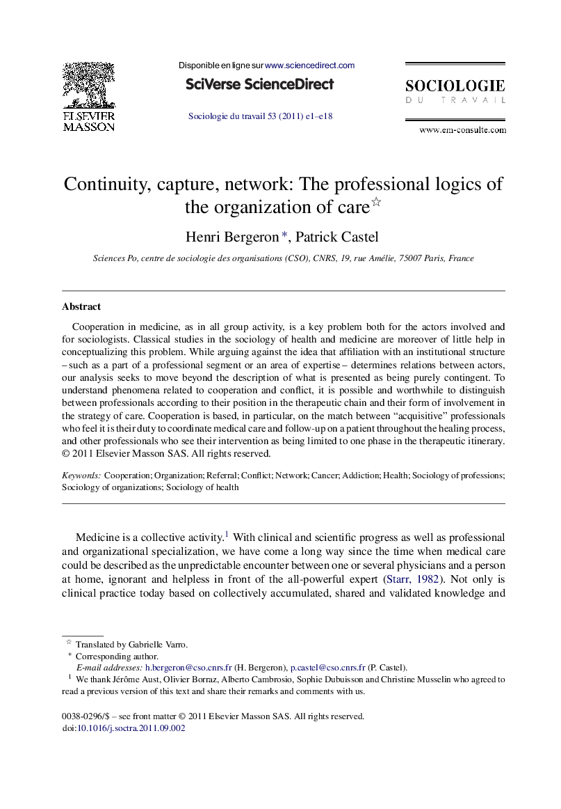 Continuity, capture, network: The professional logics of the organization of care 