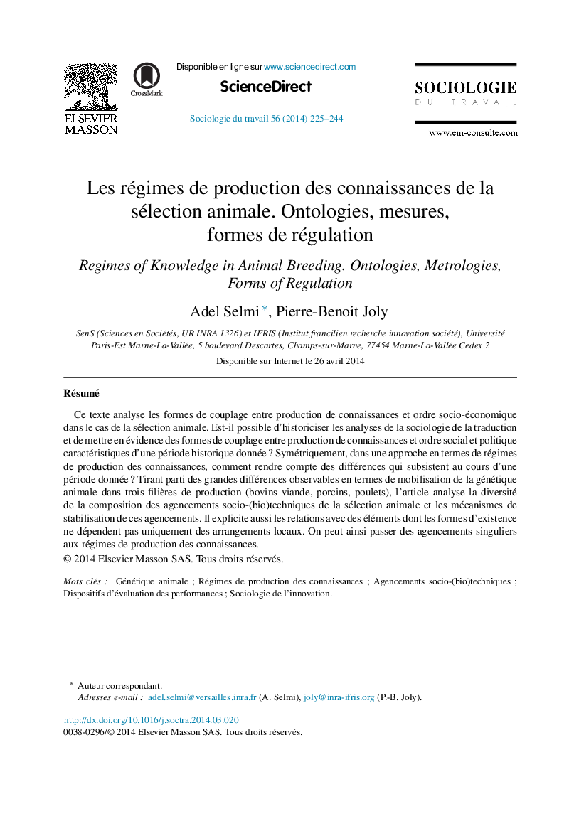 عکس صفحه اول مقاله: Les régimes de production des connaissances de la sélection animale. Ontologies, mesures, formes de régulation Les régimes de production des connaissances de la sélection animale. Ontologies, mesures, formes de régulation