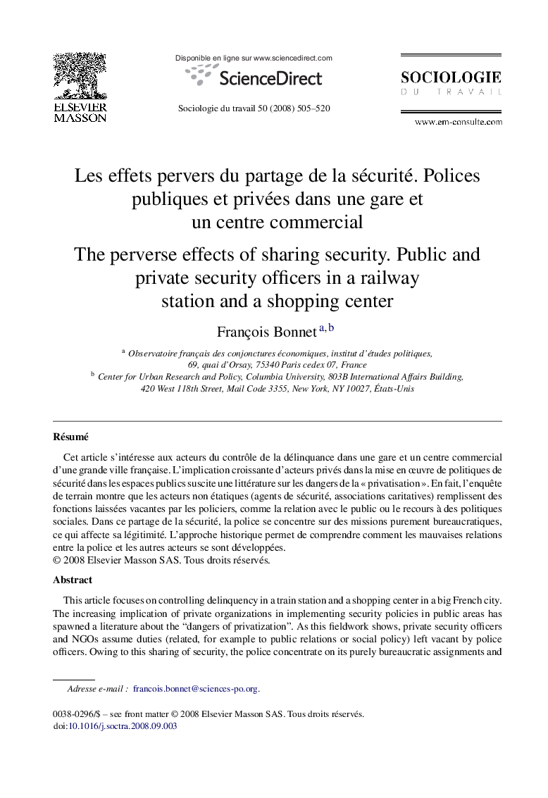 Les effets pervers du partage de la sécurité. Polices publiques et privées dans une gare et un centre commercial