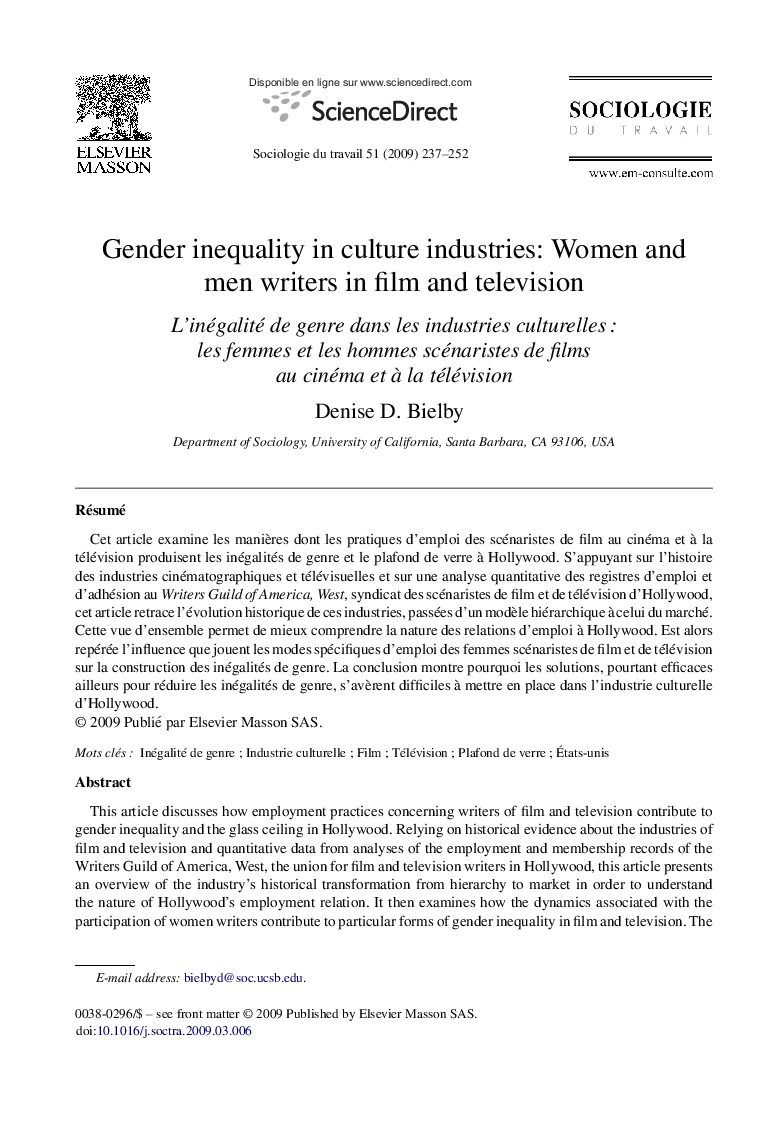 عکس صفحه اول مقاله: Gender inequality in culture industries: Women and men writers in film and television Gender inequality in culture industries: Women and men writers in film and television