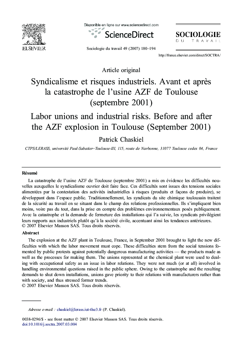 Syndicalisme et risques industriels. Avant et après la catastrophe de l'usine AZF de Toulouse (septembre 2001)