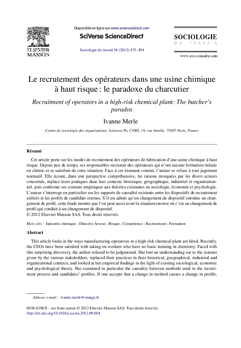 Le recrutement des opérateurs dans une usine chimique à haut risque : le paradoxe du charcutier