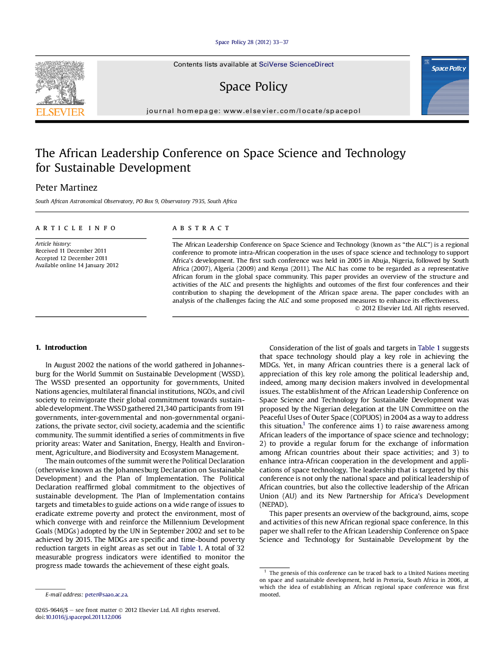 عکس صفحه اول مقاله: The African Leadership Conference on Space Science and Technology for Sustainable Development The African Leadership Conference on Space Science and Technology for Sustainable Development