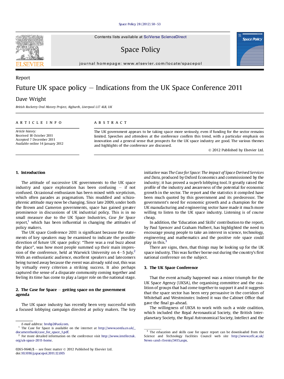 عکس صفحه اول مقاله: Future UK space policy – Indications from the UK Space Conference 2011 Future UK space policy – Indications from the UK Space Conference 2011