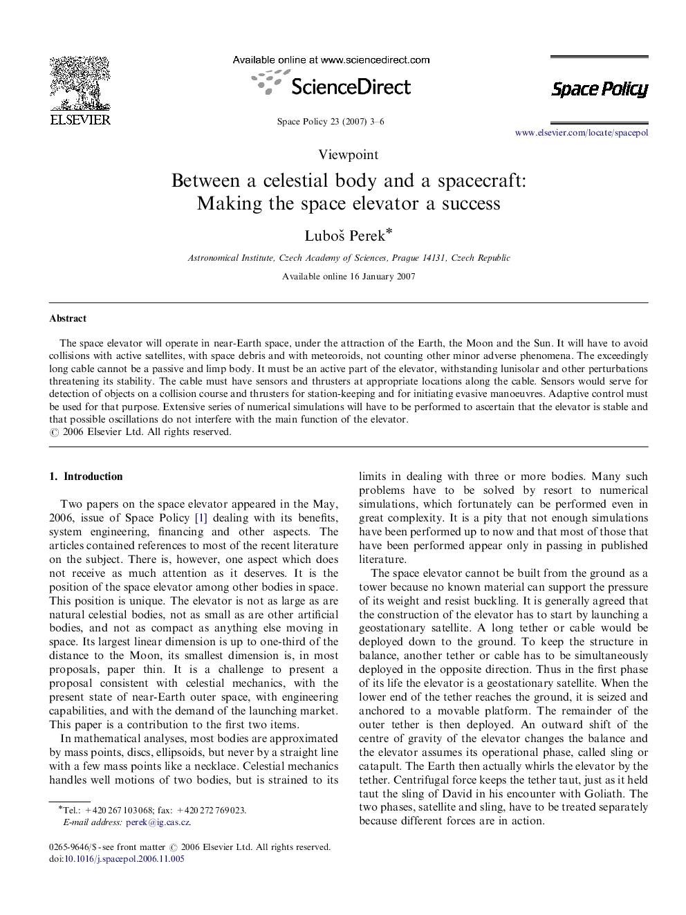 عکس صفحه اول مقاله: Between a celestial body and a spacecraft: Making the space elevator a success Between a celestial body and a spacecraft: Making the space elevator a success