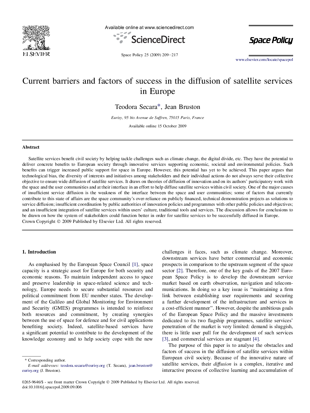 عکس صفحه اول مقاله: Current barriers and factors of success in the diffusion of satellite services in Europe Current barriers and factors of success in the diffusion of satellite services in Europe