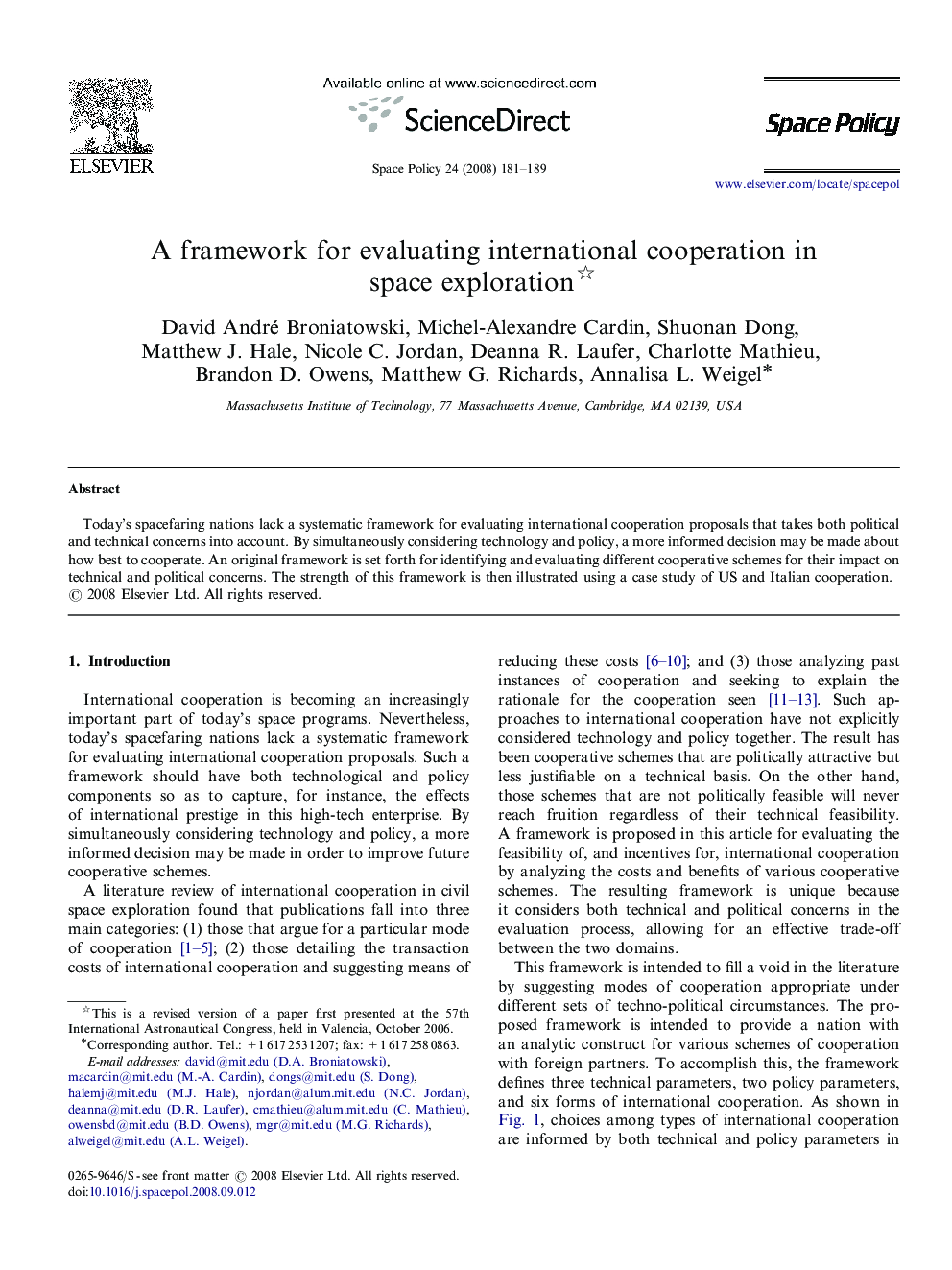 A framework for evaluating international cooperation in space exploration