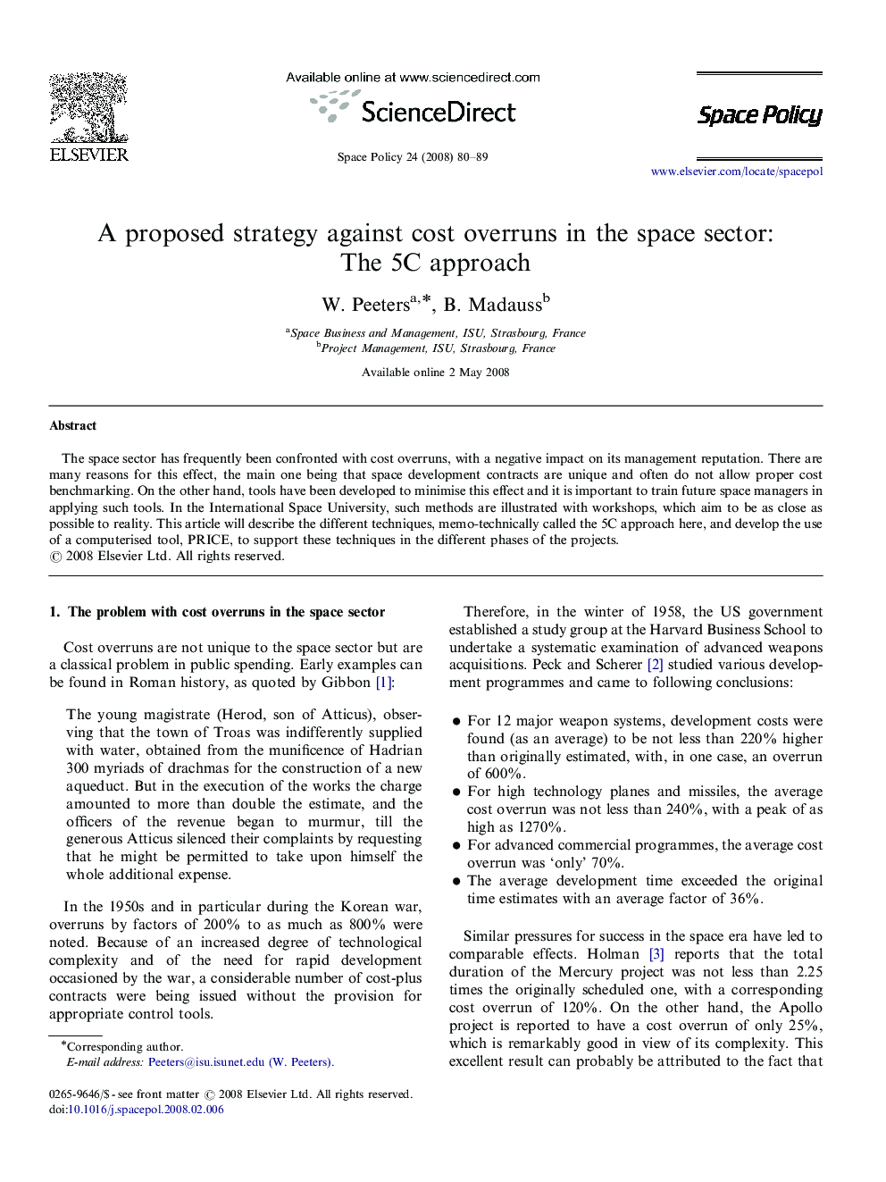 A proposed strategy against cost overruns in the space sector: The 5C approach