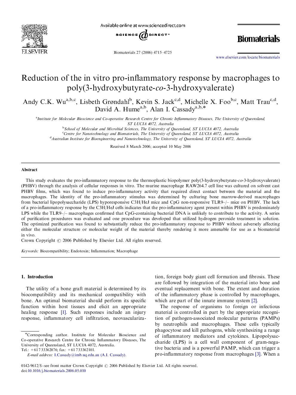 Reduction of the in vitro pro-inflammatory response by macrophages to poly(3-hydroxybutyrate-co-3-hydroxyvalerate)