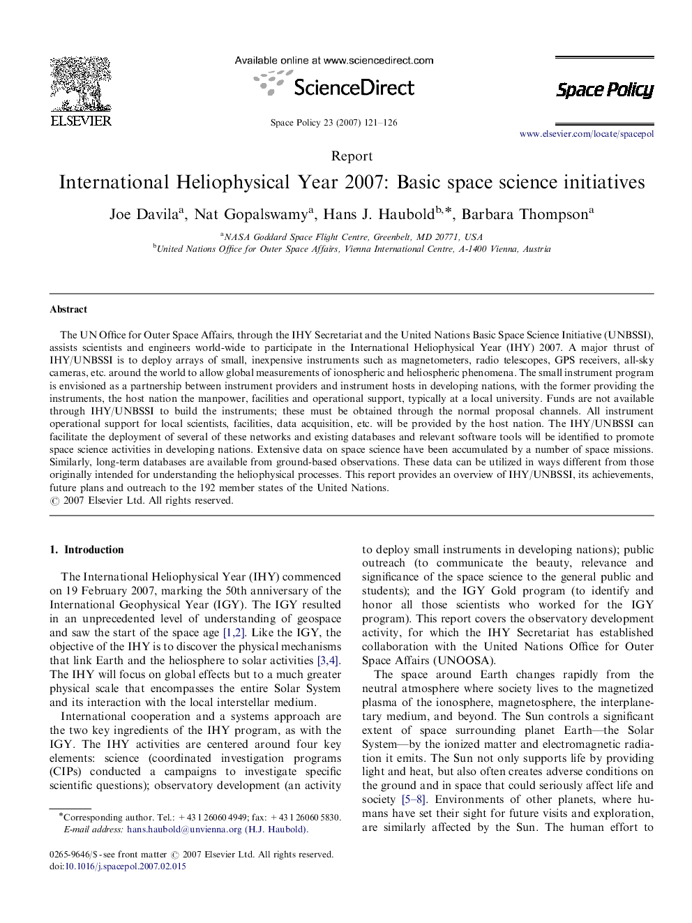 International Heliophysical Year 2007: Basic space science initiatives