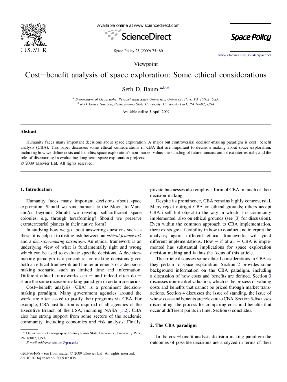 Cost–benefit analysis of space exploration: Some ethical considerations