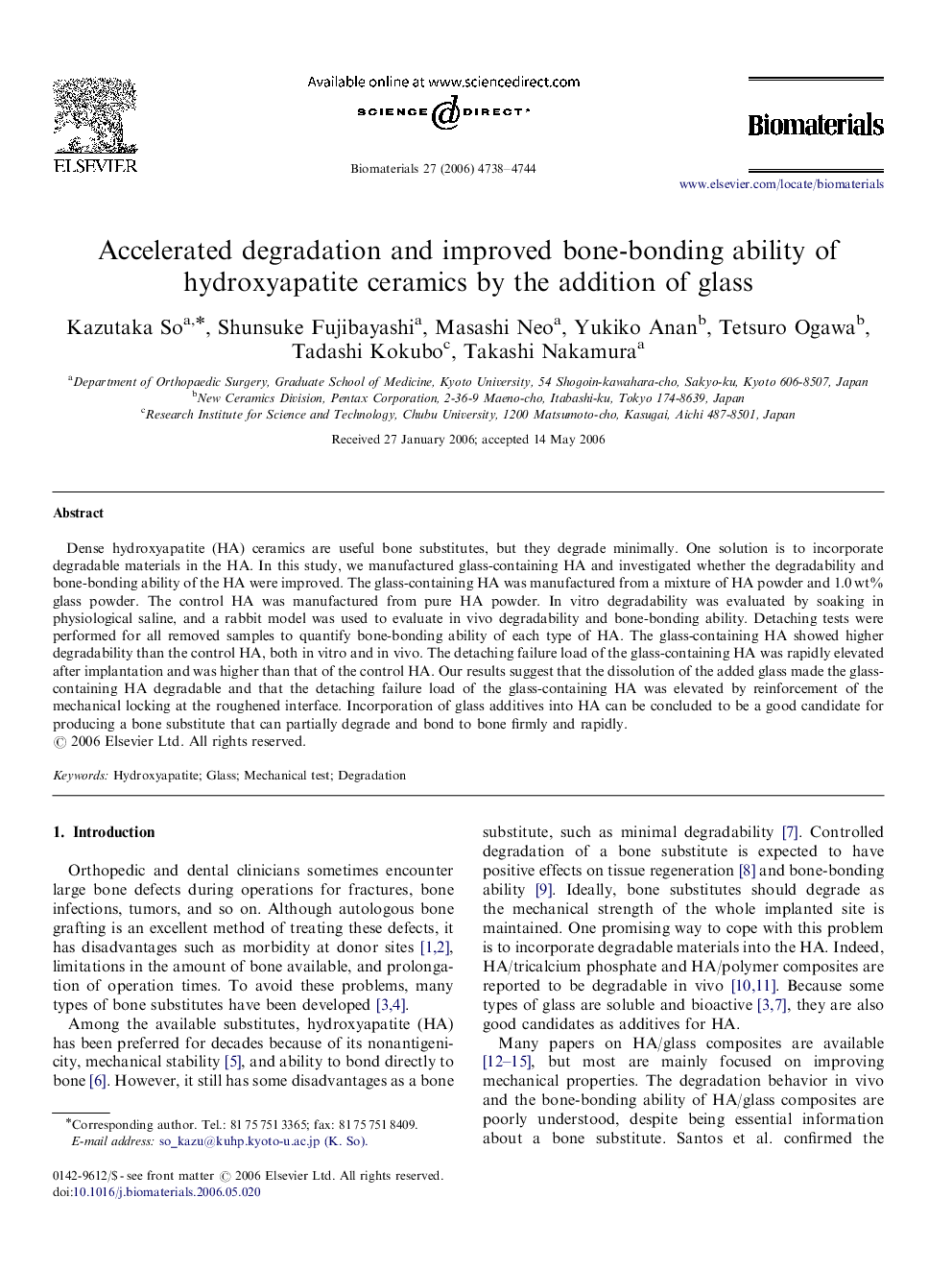 Accelerated degradation and improved bone-bonding ability of hydroxyapatite ceramics by the addition of glass