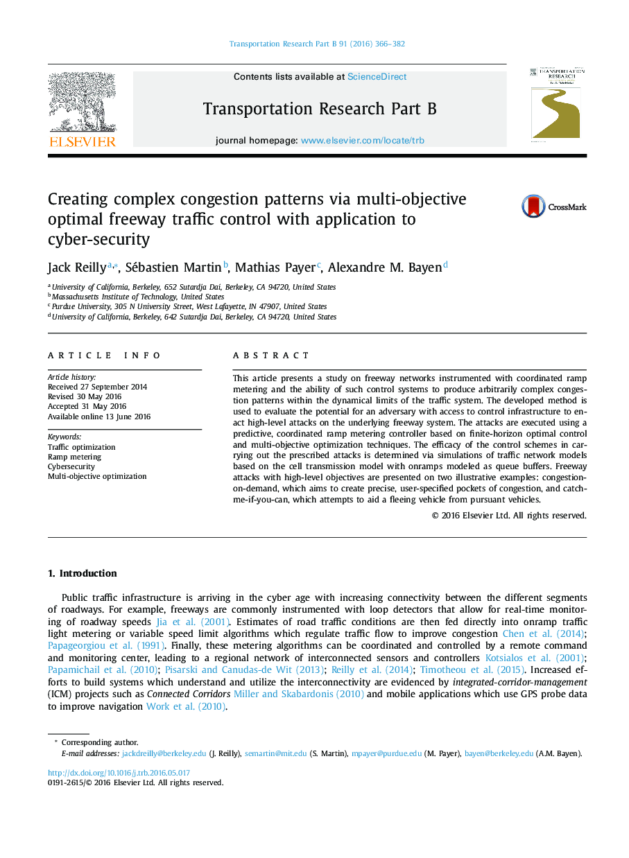 Creating complex congestion patterns via multi-objective optimal freeway traffic control with application to cyber-security