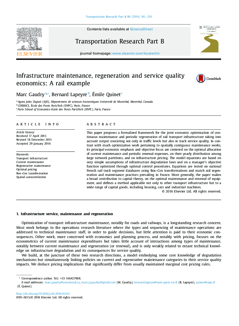 Infrastructure maintenance, regeneration and service quality economics: A rail example