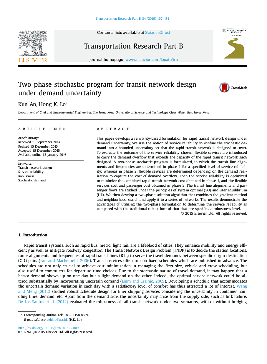 Two-phase stochastic program for transit network design under demand uncertainty