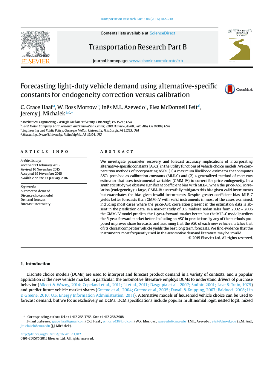 Forecasting light-duty vehicle demand using alternative-specific constants for endogeneity correction versus calibration