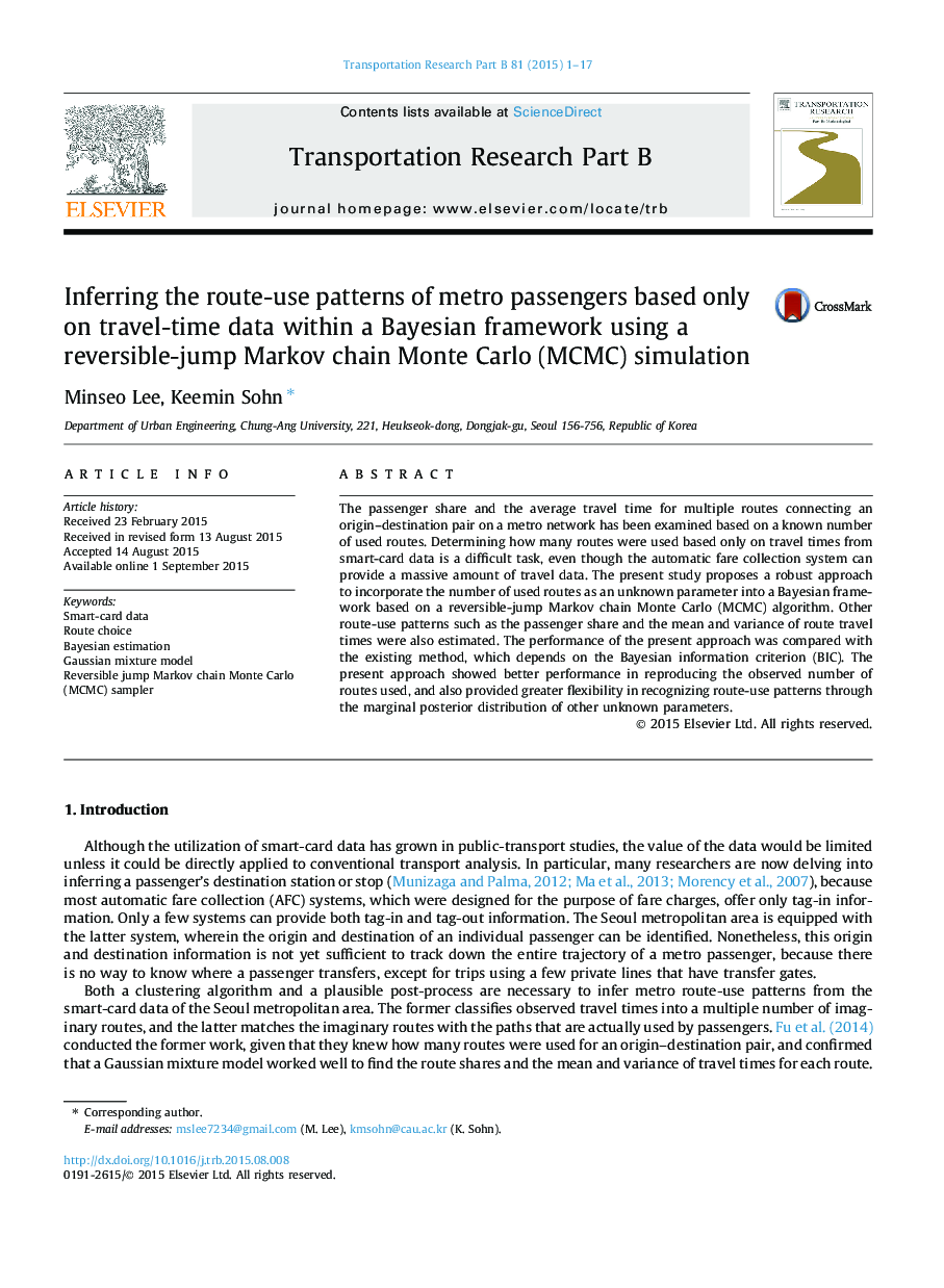 Inferring the route-use patterns of metro passengers based only on travel-time data within a Bayesian framework using a reversible-jump Markov chain Monte Carlo (MCMC) simulation