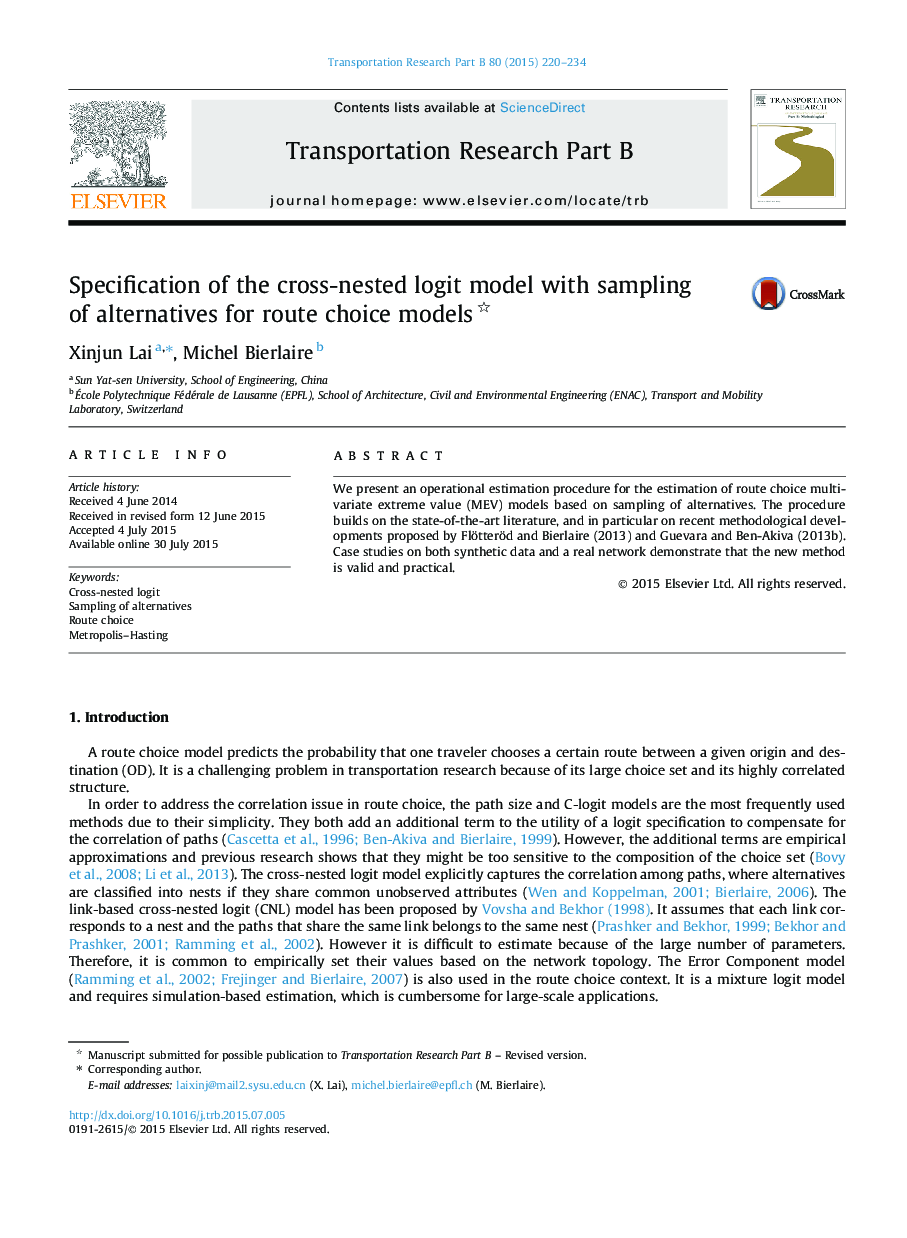 Specification of the cross-nested logit model with sampling of alternatives for route choice models