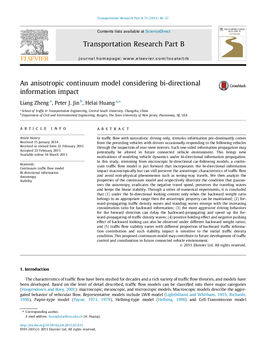 An anisotropic continuum model considering bi-directional information impact