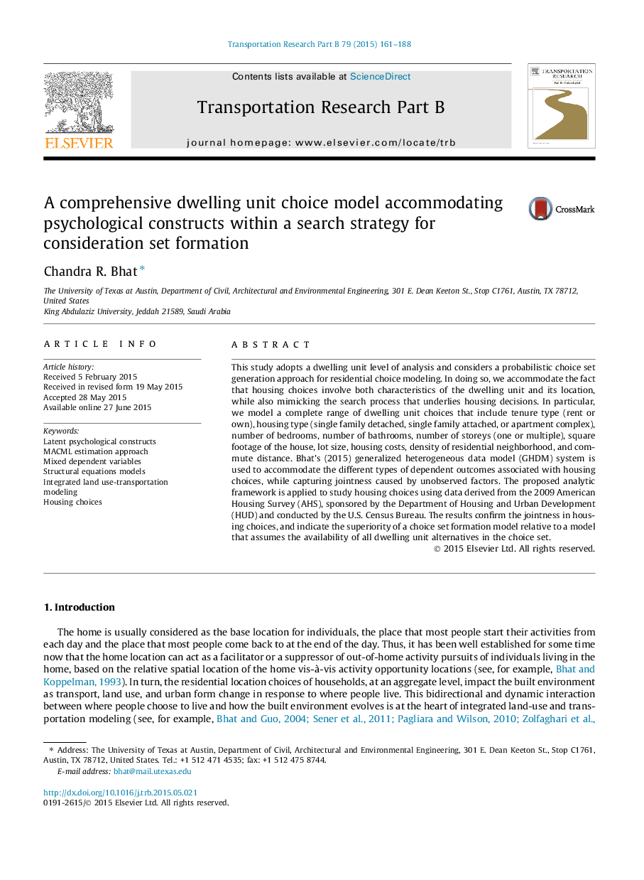 A comprehensive dwelling unit choice model accommodating psychological constructs within a search strategy for consideration set formation