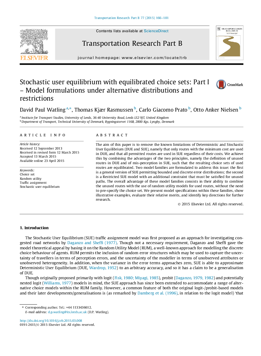 Stochastic user equilibrium with equilibrated choice sets: Part I – Model formulations under alternative distributions and restrictions