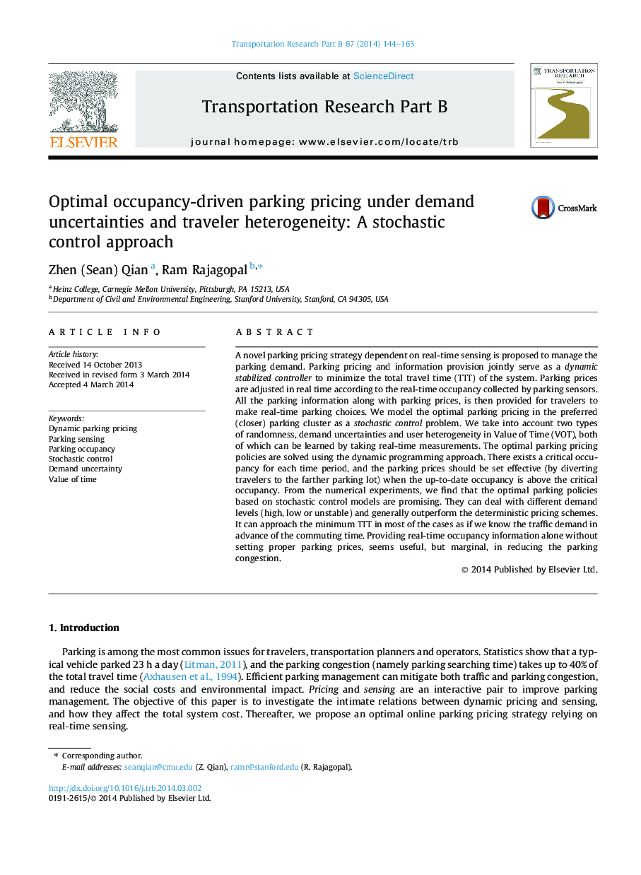 Optimal occupancy-driven parking pricing under demand uncertainties and traveler heterogeneity: A stochastic control approach