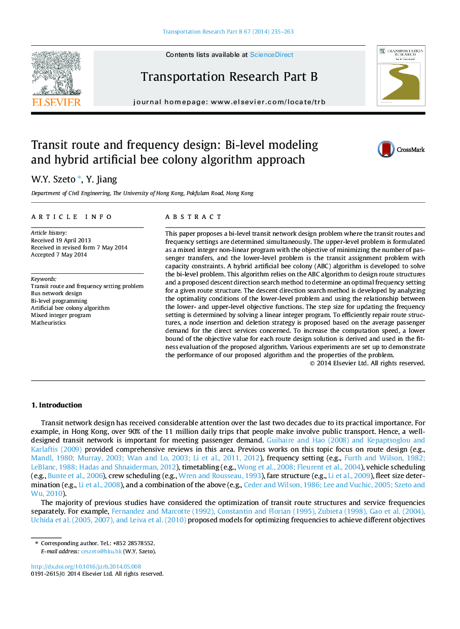 Transit route and frequency design: Bi-level modeling and hybrid artificial bee colony algorithm approach