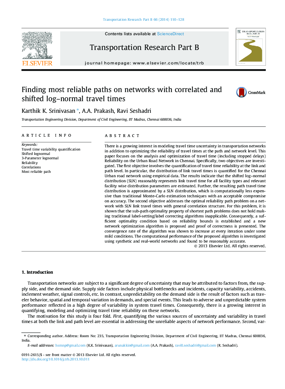 Finding most reliable paths on networks with correlated and shifted log–normal travel times