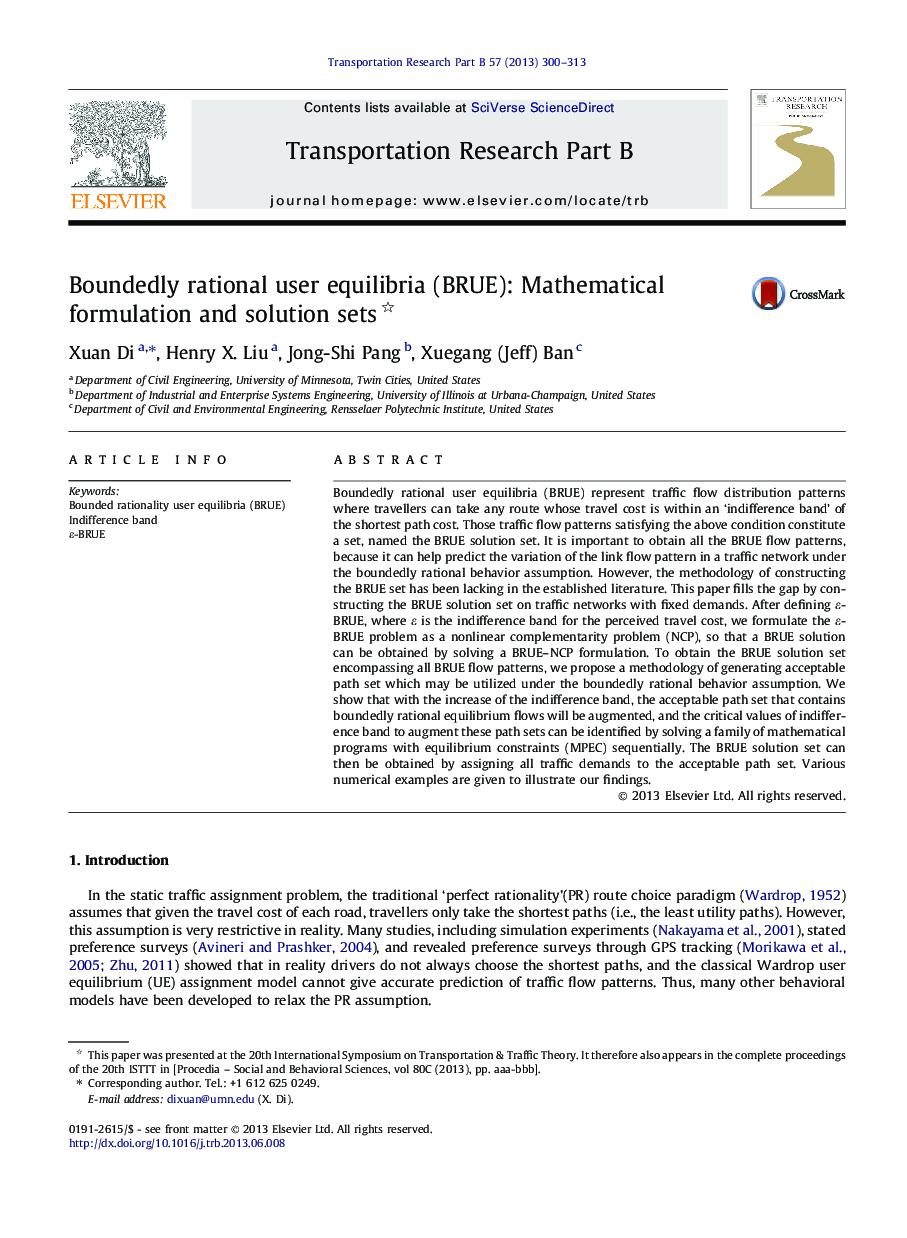 Boundedly rational user equilibria (BRUE): Mathematical formulation and solution sets 