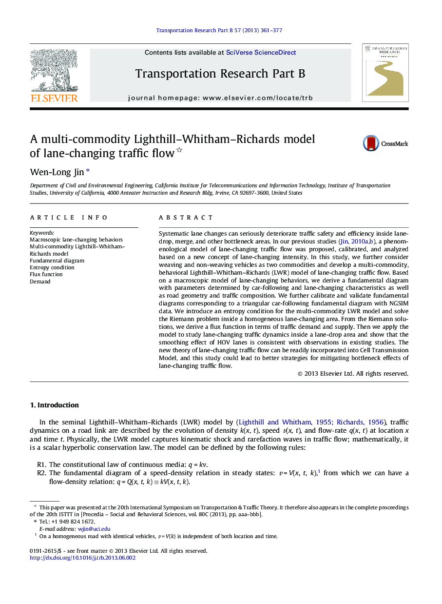 A multi-commodity Lighthill–Whitham–Richards model of lane-changing traffic flow 