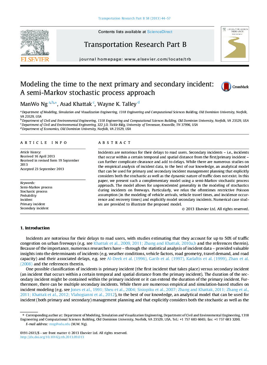 Modeling the time to the next primary and secondary incident: A semi-Markov stochastic process approach