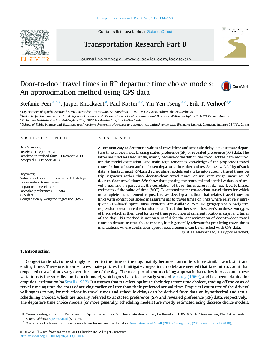 Door-to-door travel times in RP departure time choice models: An approximation method using GPS data