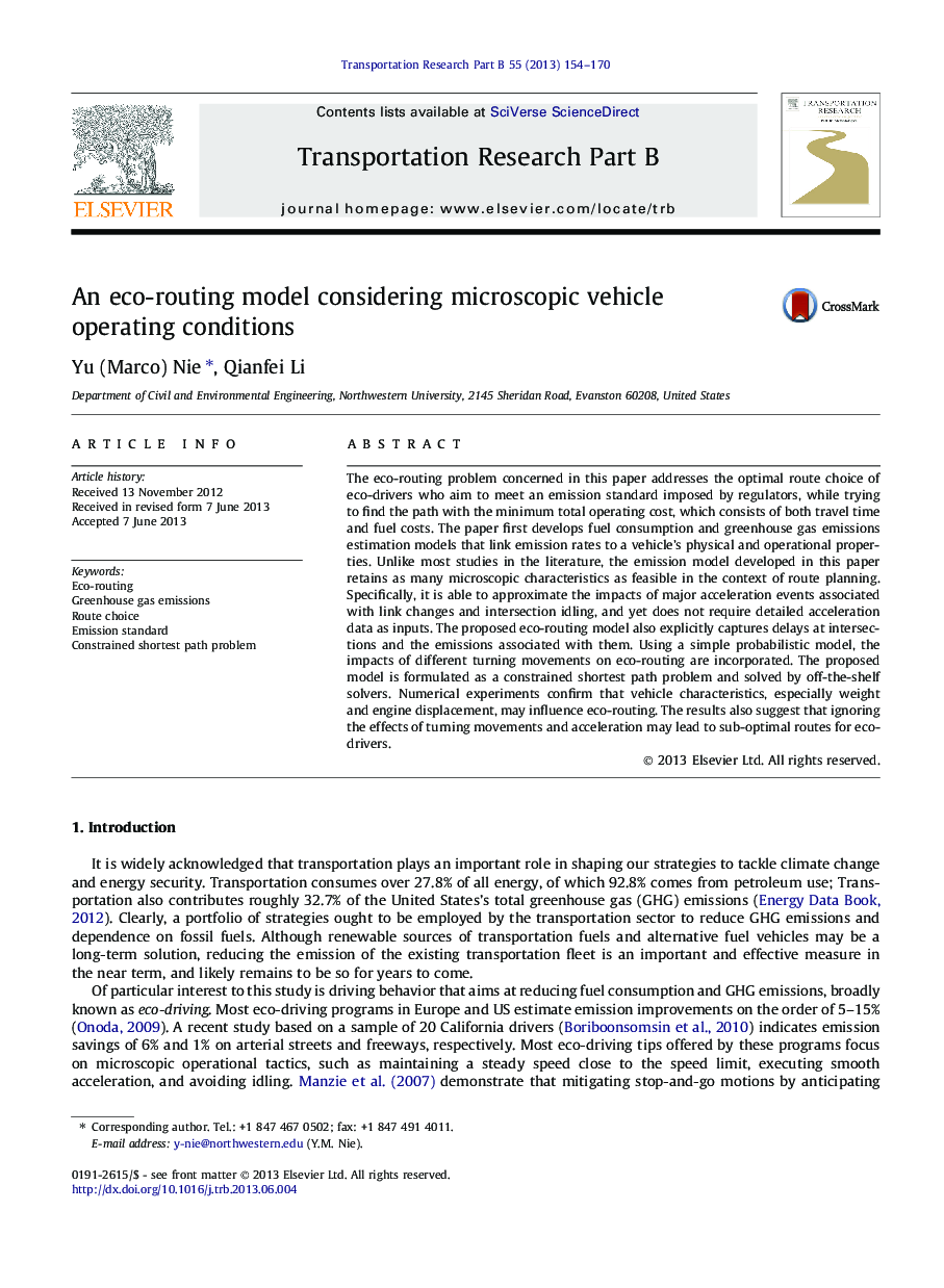 An eco-routing model considering microscopic vehicle operating conditions