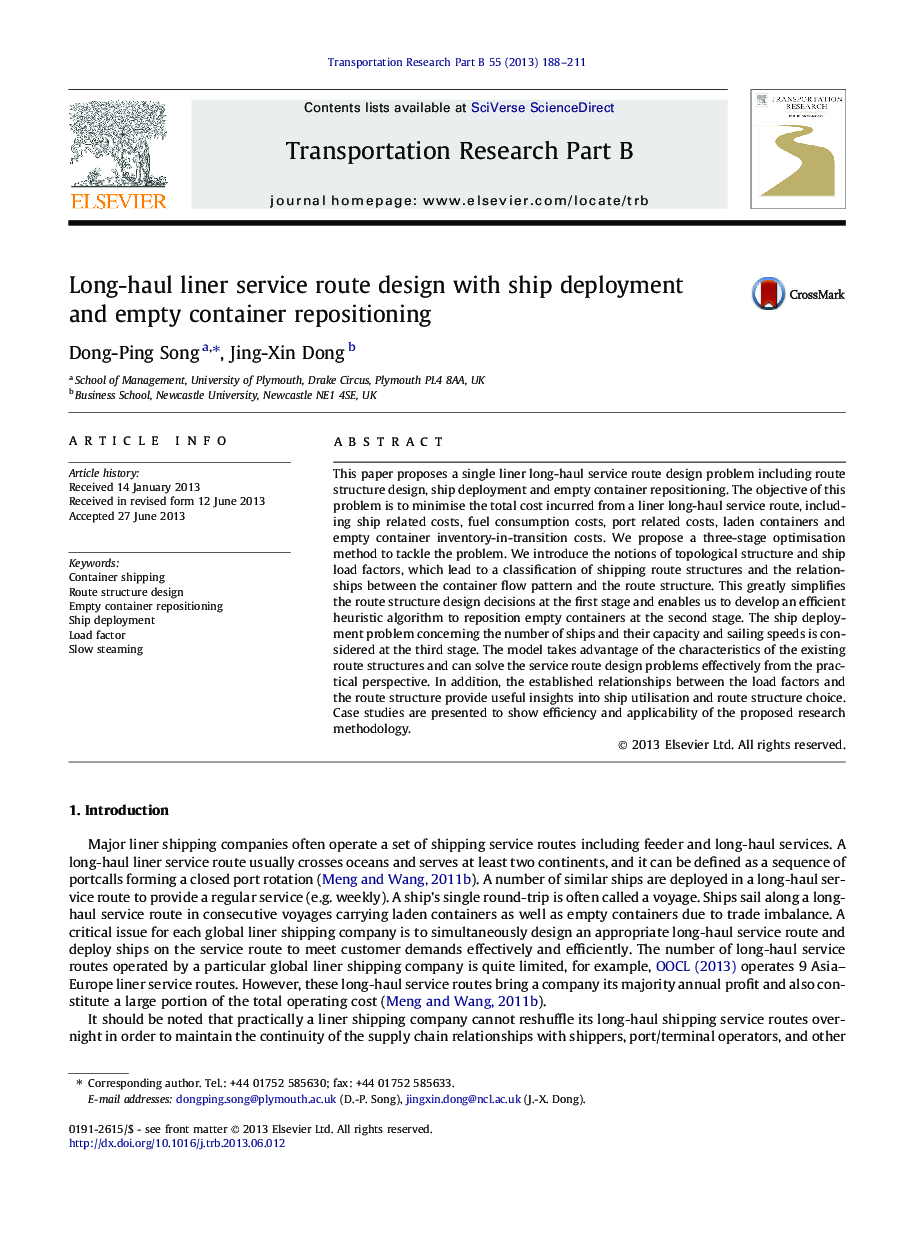 Long-haul liner service route design with ship deployment and empty container repositioning