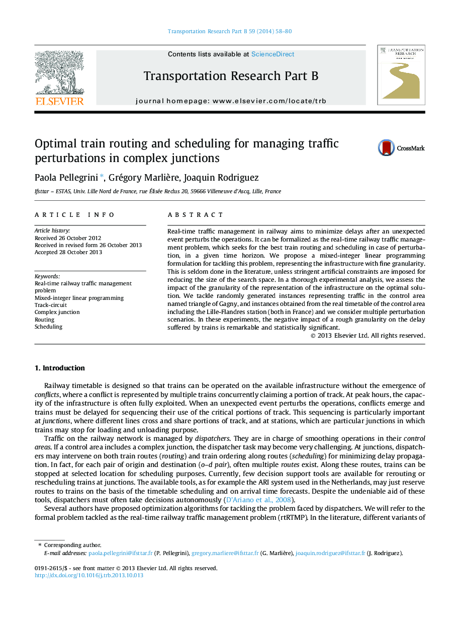 Optimal train routing and scheduling for managing traffic perturbations in complex junctions