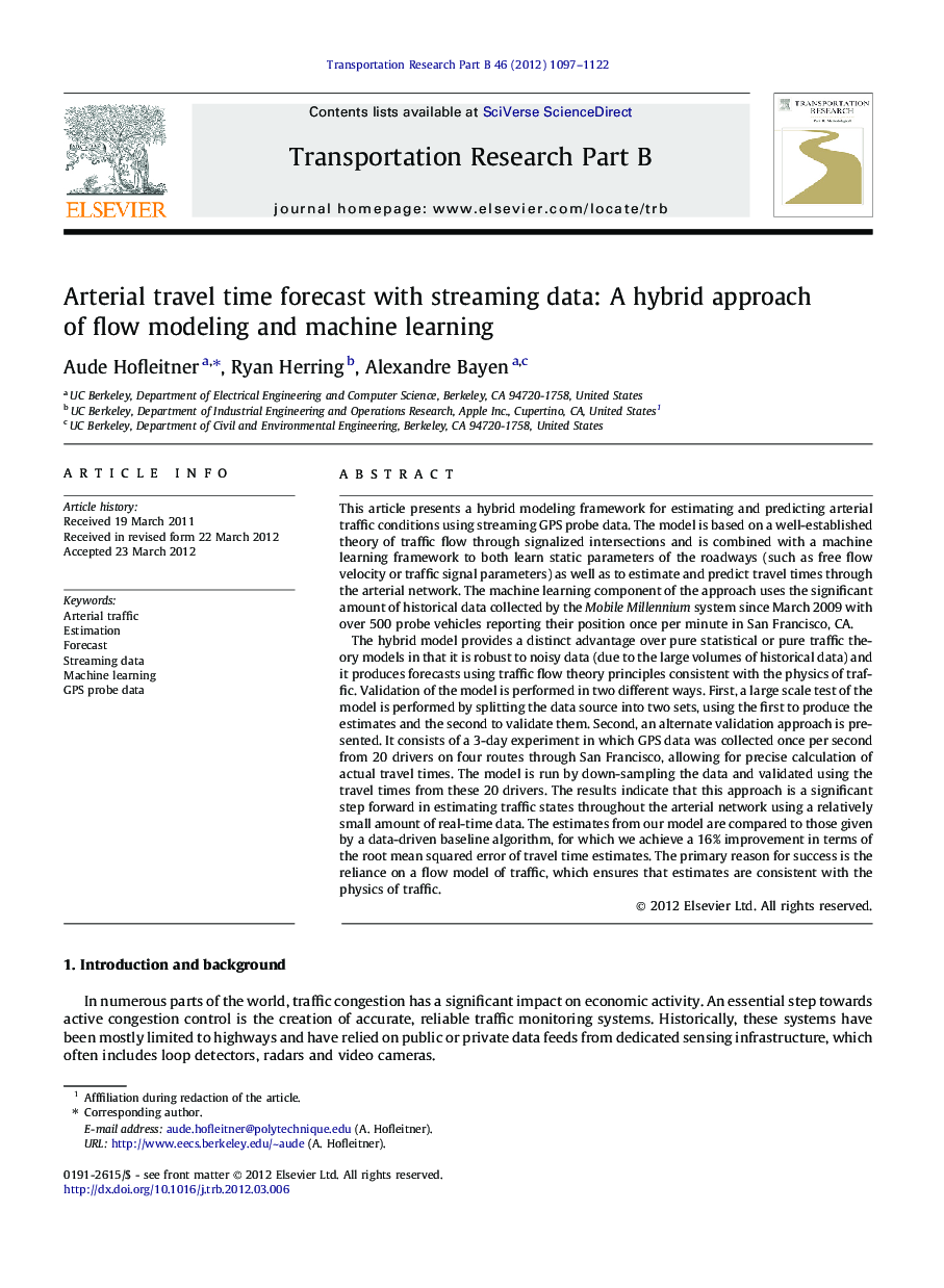 Arterial travel time forecast with streaming data: A hybrid approach of flow modeling and machine learning