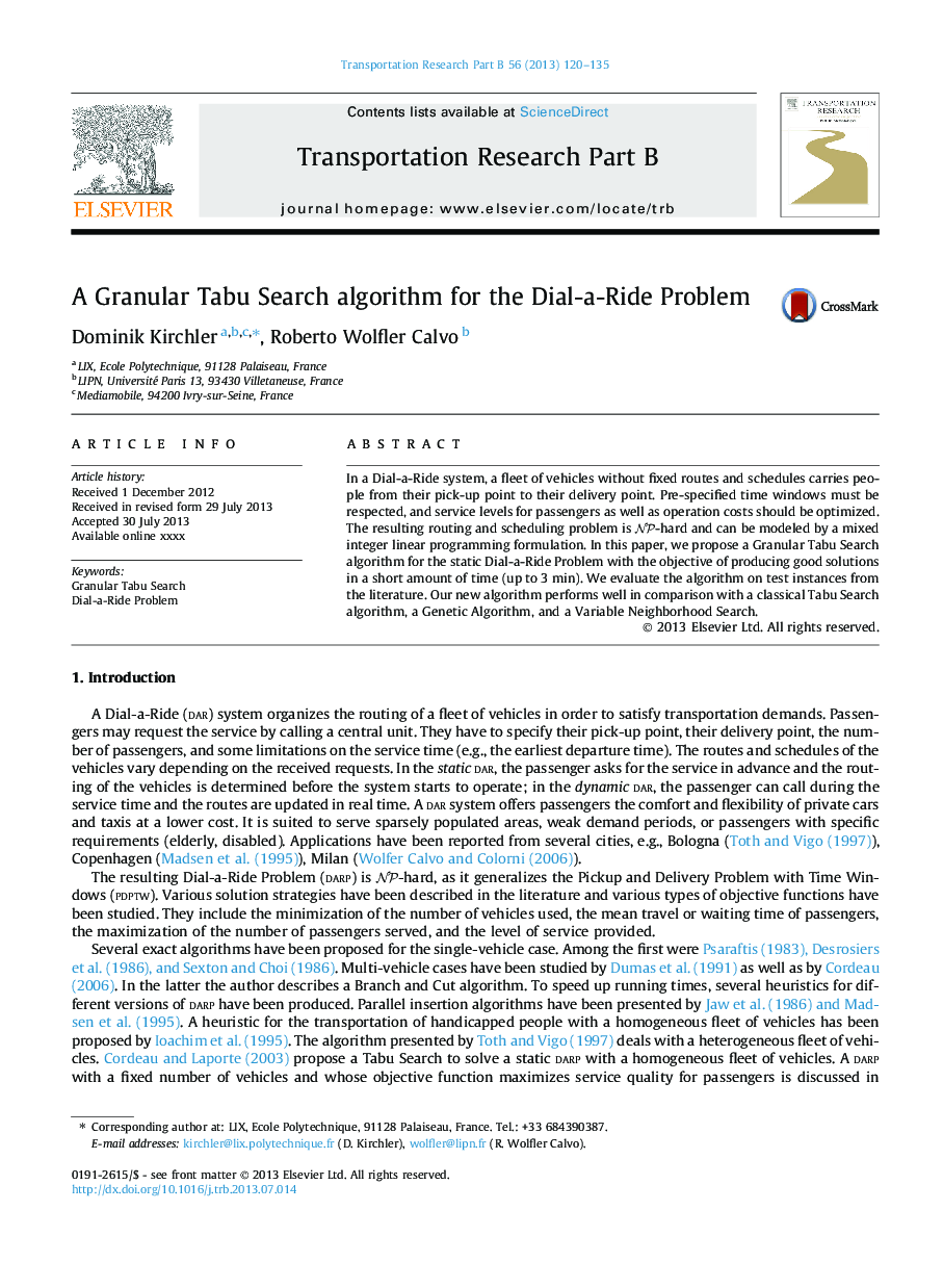 A Granular Tabu Search algorithm for the Dial-a-Ride Problem