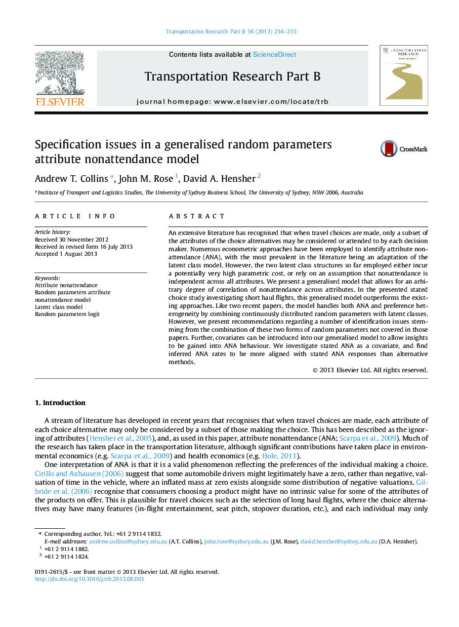 Specification issues in a generalised random parameters attribute nonattendance model