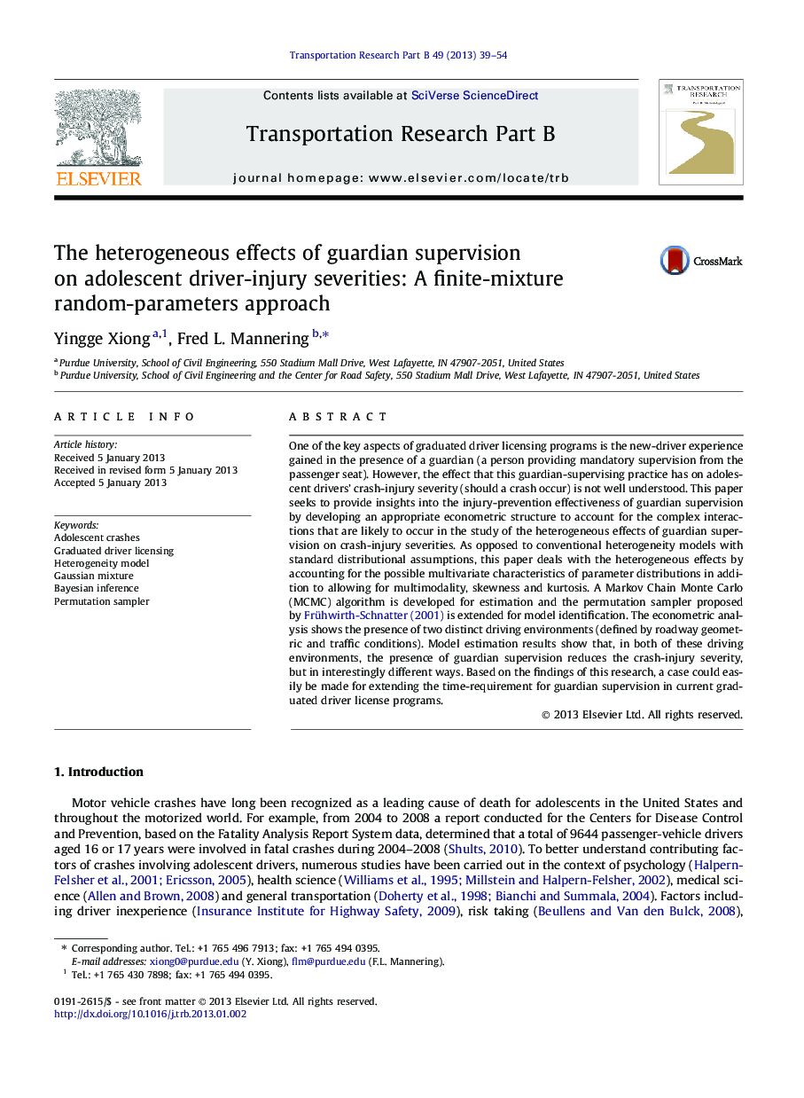 The heterogeneous effects of guardian supervision on adolescent driver-injury severities: A finite-mixture random-parameters approach