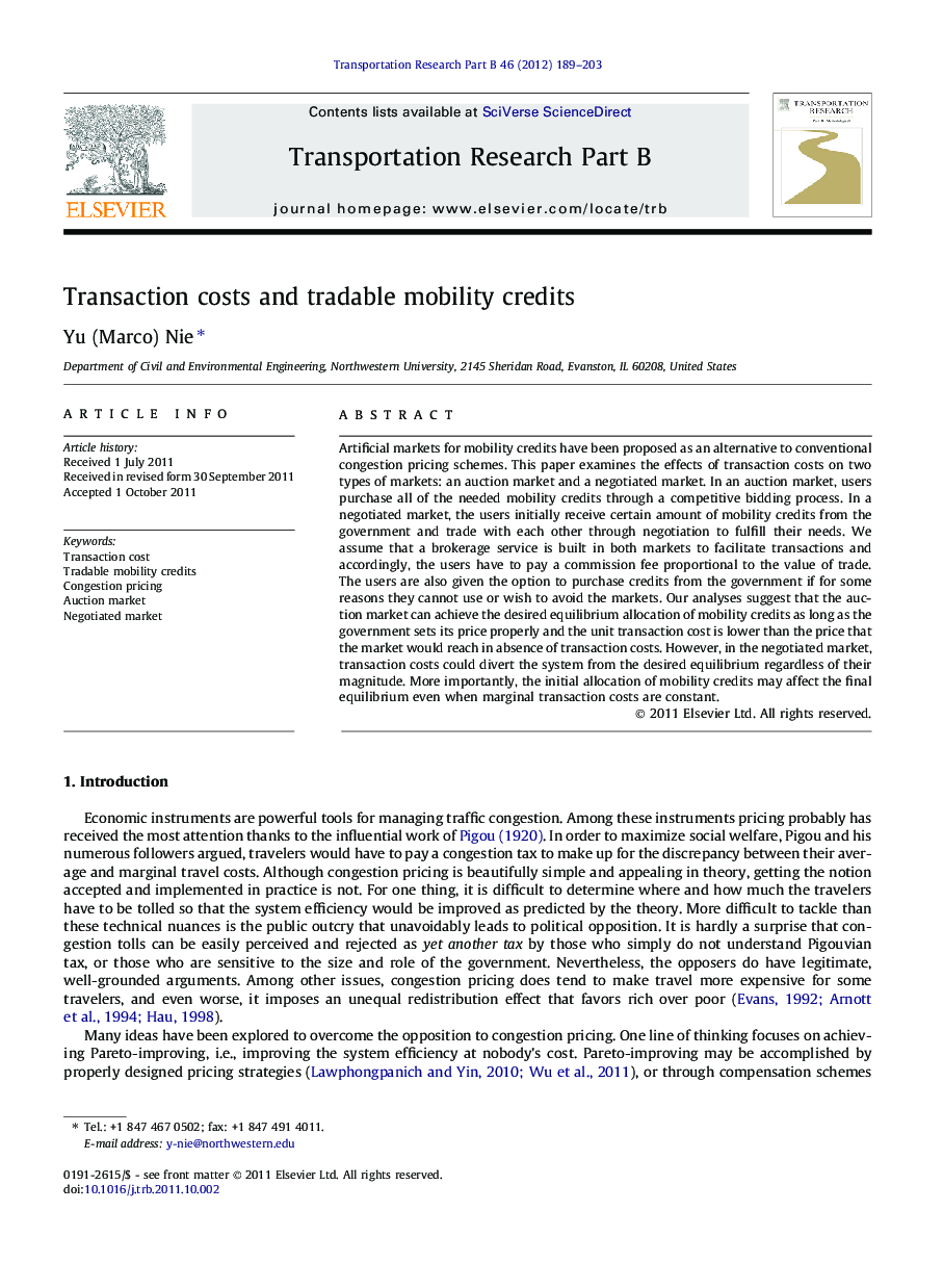 Transaction costs and tradable mobility credits