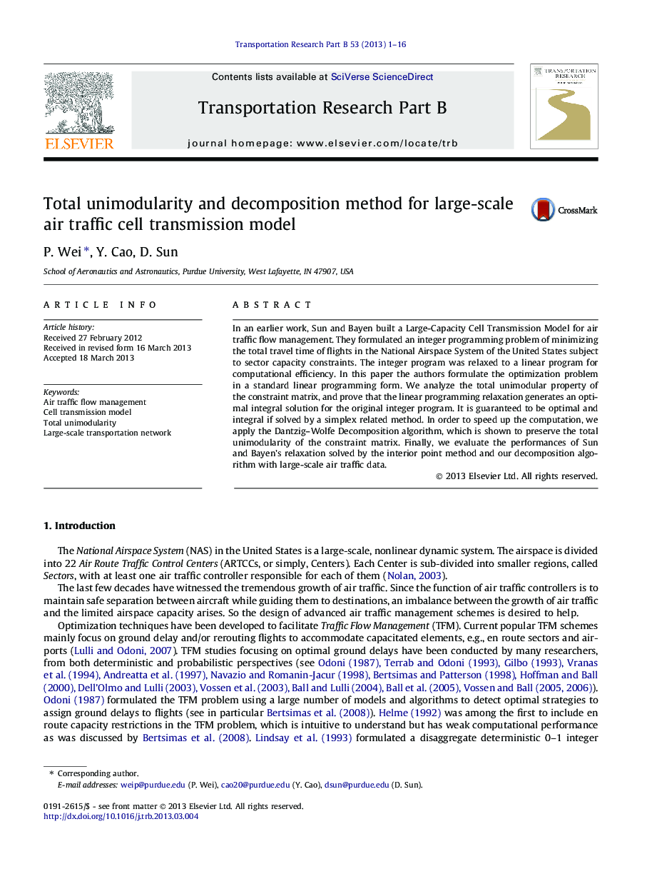 Total unimodularity and decomposition method for large-scale air traffic cell transmission model