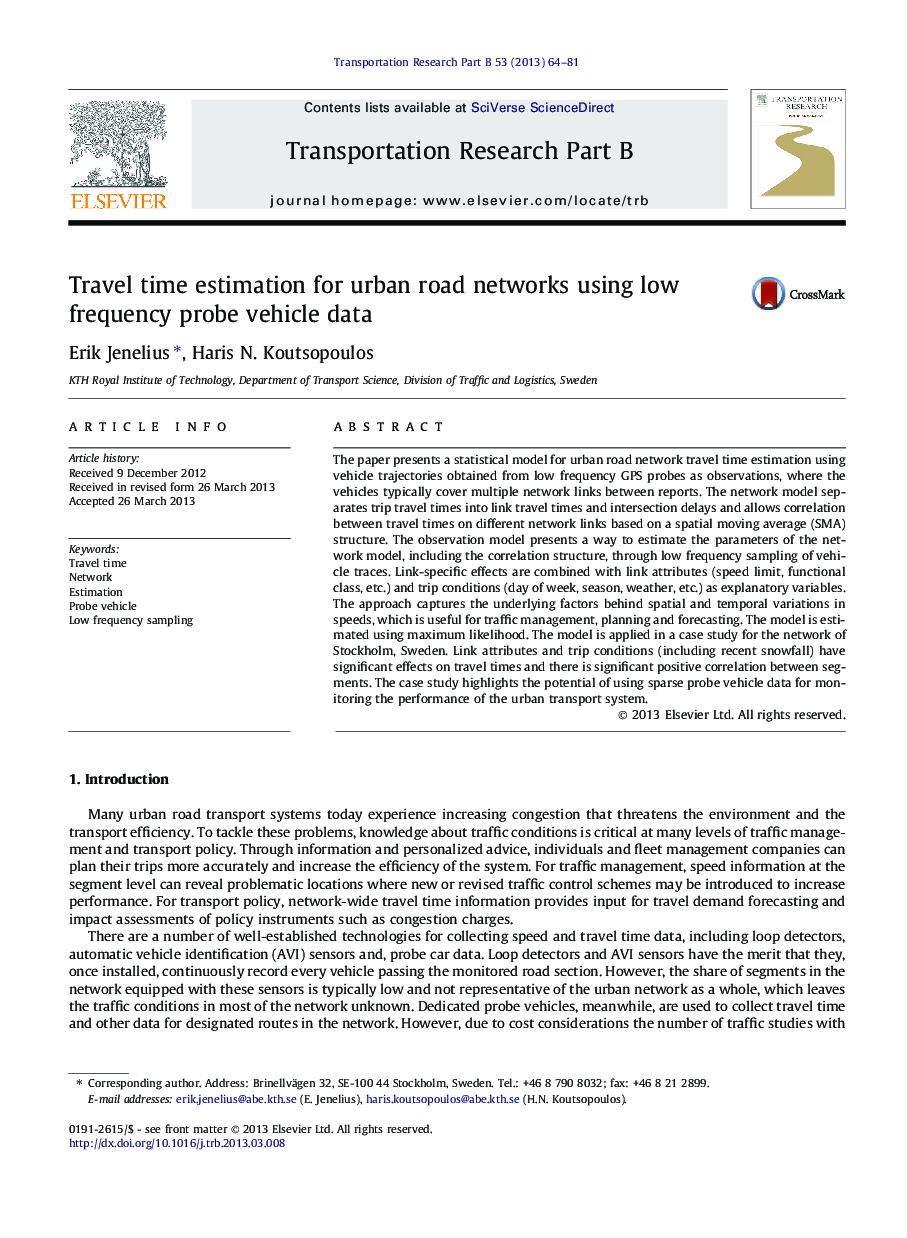 Travel time estimation for urban road networks using low frequency probe vehicle data